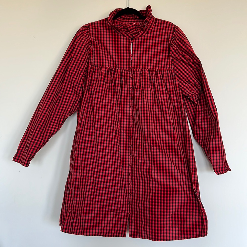 H&M long sleeve mini red and black gingham checkered dress. NWT. Xxl. Flowy